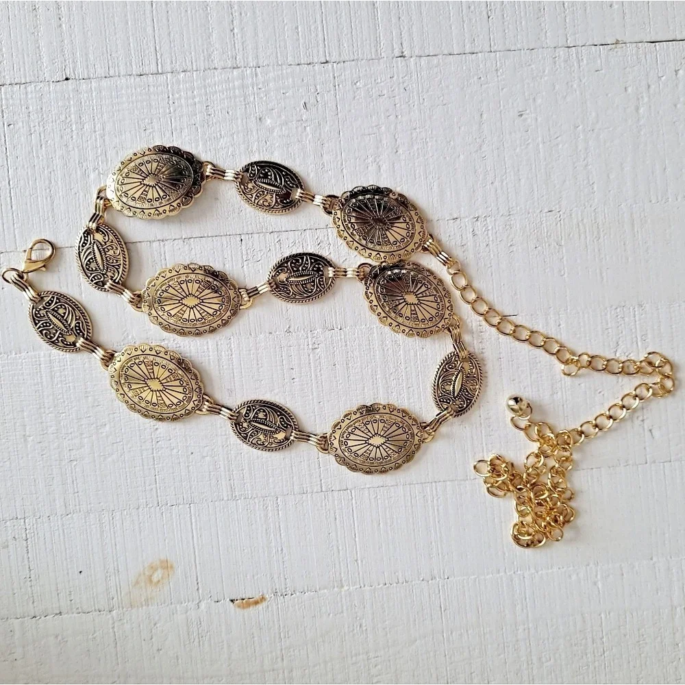 Gold Concho Chain Boho waist Belt Chunky Adjustable Western Festival Medallion